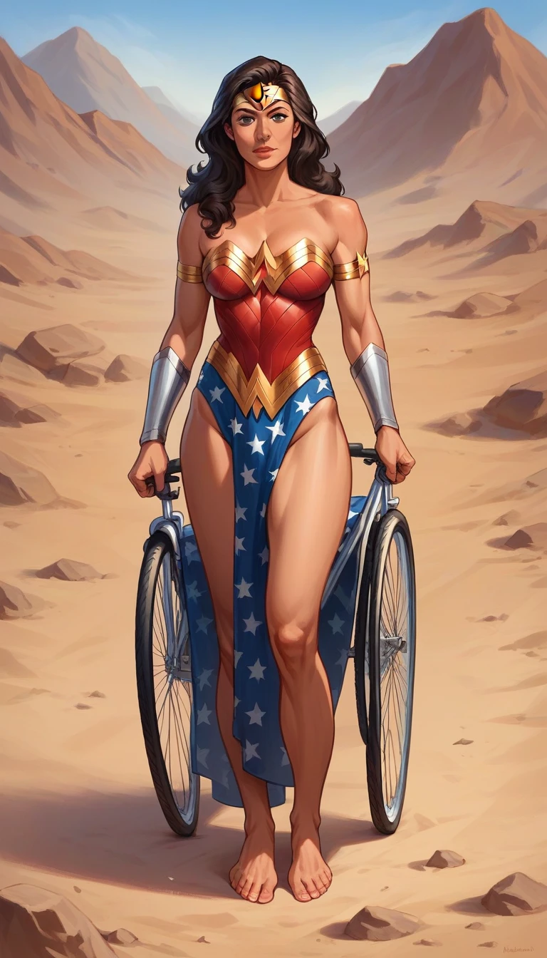 ((Full body photo, standing, feet on the ground)) a 40 year old American woman wearing wonder woman outfit, cyclist body, beautiful body, standing, near the beautiful Arab princess wearing gladiator outfit in the middle of the desert
