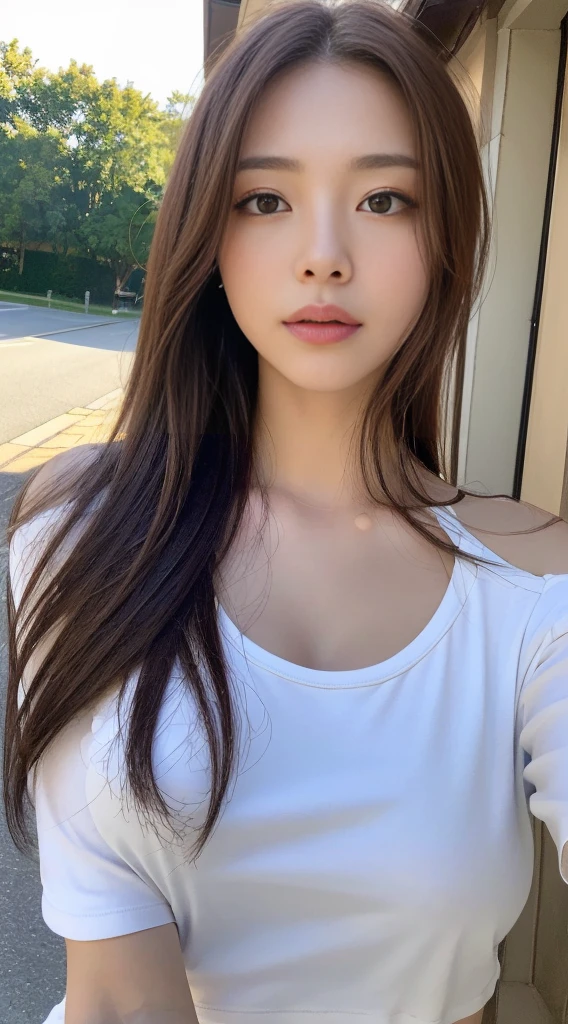 ((Realistic lighting、top-quality、8k、​masterpiece:1.3))、Clear Focus:1.2、1girl in、flawless beauty:1.4、huge tit:1.2、Slim abs:1.1、((dark brown  hair)), White T-shirts, (outside of house、natta:1.1)、Street、Super fine face、finely eye、double eyelid、