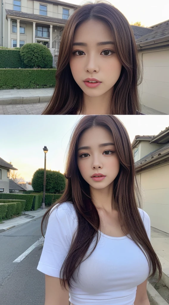 ((Realistic lighting、top-quality、8k、masterpiece:1.3))、Clear Focus:1.2、1girl in、flawless beauty:1.4、huge tit:1.2、Slim abs:1.1、((dark brown hair)), White T-shirts, (outside of house、natta:1.1)、Street、Super fine face、finely eye、double eyelid、