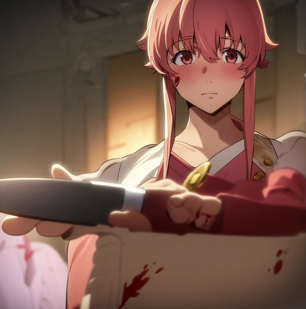 yuno gasai wearing a at school while holding a knife, have blood on her face, soft smile, blushes, detailed eye, hd quality