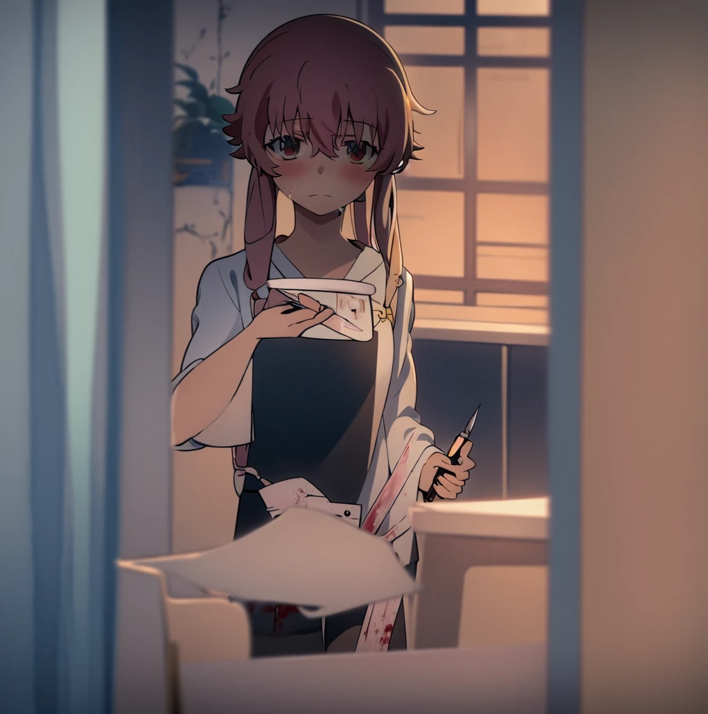 yuno gasai wearing a  at school while holding a knife, have blood on her face, soft smile, blushes, detailed eye, hd quality