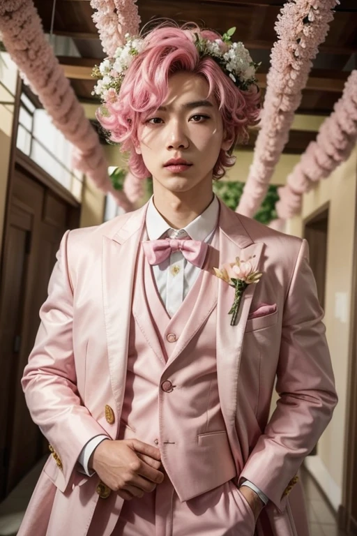 Asian boy in a bright light pink suit covered in flowers and curly pink hair., bright honey eyes, and a tall golden tiara covered in pink emerald