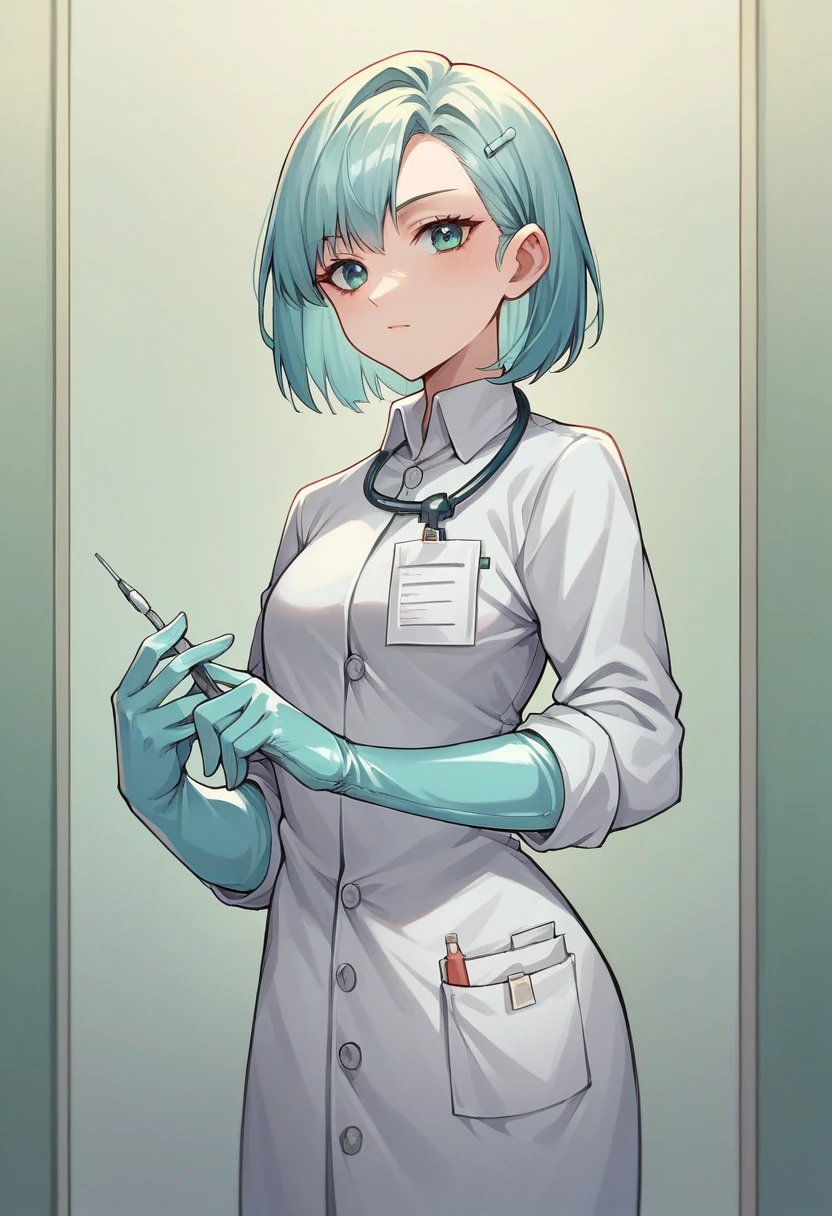 1girl, ((light blue gloves)), ((surgical gloves)), ((latex gloves)), ((green surgeon outfit)), looking at viewer, ((long sleeves)), ((doctor)), standing, solo