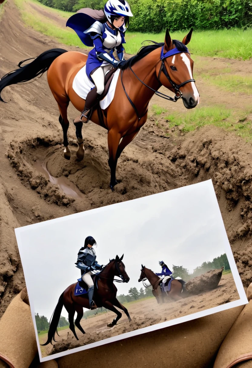 horse riddn by japanese girl can't move because riding horse stuck in the muddy pitfall,girl of knight,REAL,horse riding,photo