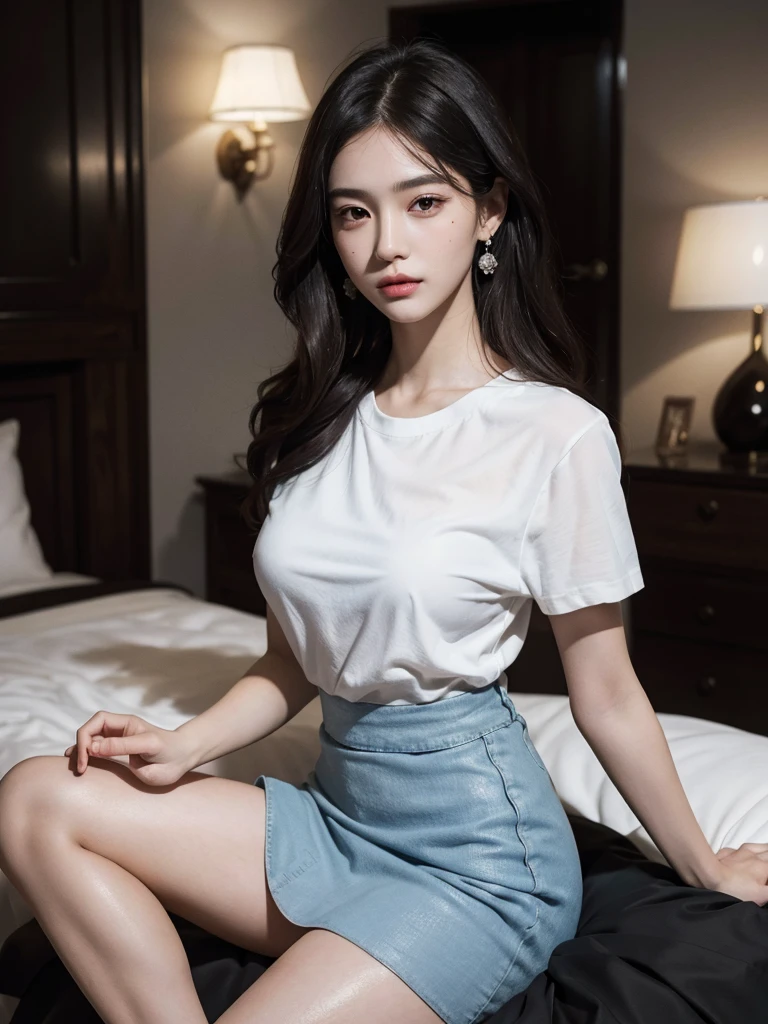 absurdres, RAW photo, extremely delicate and beautiful, masterpiece, Best Quality, ultra high resolution, 32k, hyperrealistic, ultra-detailed, perfect anatomy, super Detailed skin, perfect figure, Super Beauty, Perfect Style, Perfect balance, Beautiful Lighting, Perfect Lightning, Realistic Shadows, 20 years old, very Slim body, narrow waist, very small head, very small face, delicate facial features, handsome detailed woman, very detailed eyes and face, realistic face proportions, Realistic beautiful face, Realistic beautiful eyes, tearful mole, earring, very huge round breasts, legs, medium hair, full body shot, indoor, tight black skirt, White t-shirt,