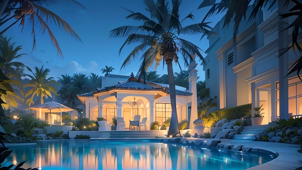 arafed view of a pool with lounge chairs and palm trees, serene evening atmosphere, infinity pool, luxury hd render, luxury lifestyle, night on a summer miami beach, illuminated pool, in a luxurious pool, luxurious environment, next to a tropical pool, high quality rendering, beachfront mansion, paradise in the background, tropical pool, realistic rendering, relaxing atmosphere