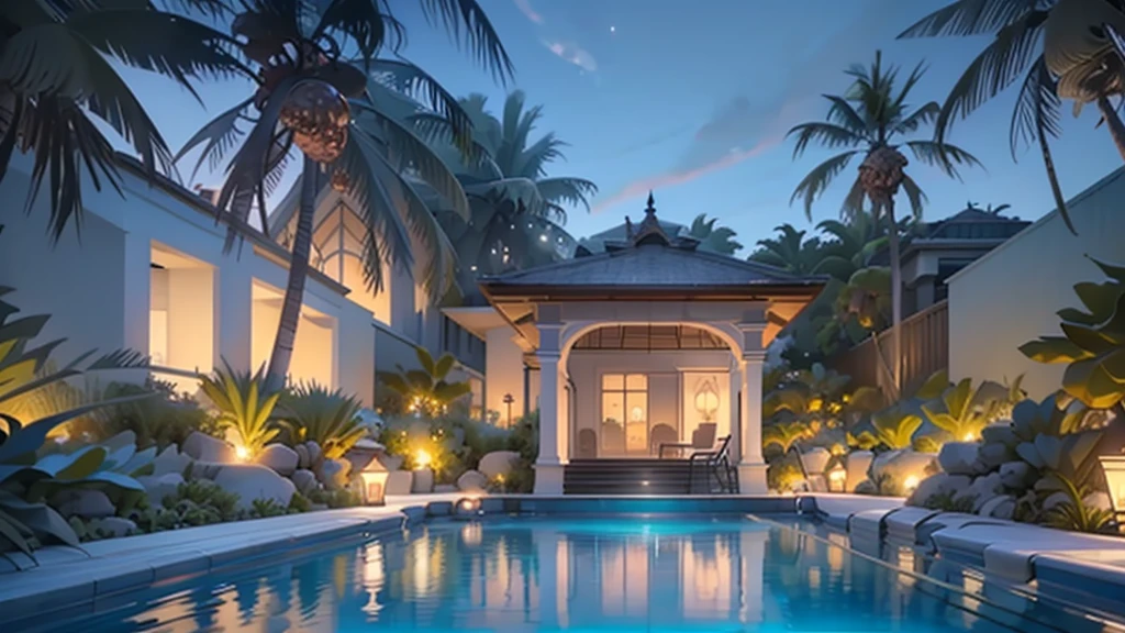 arafed view of a pool with lounge chairs and palm trees, serene evening atmosphere, infinity pool, luxury hd render, luxury lifestyle, night on a summer miami beach, illuminated pool, in a luxurious pool, luxurious environment, next to a tropical pool, high quality rendering, beachfront mansion, paradise in the background, tropical pool, realistic rendering, relaxing atmosphere
