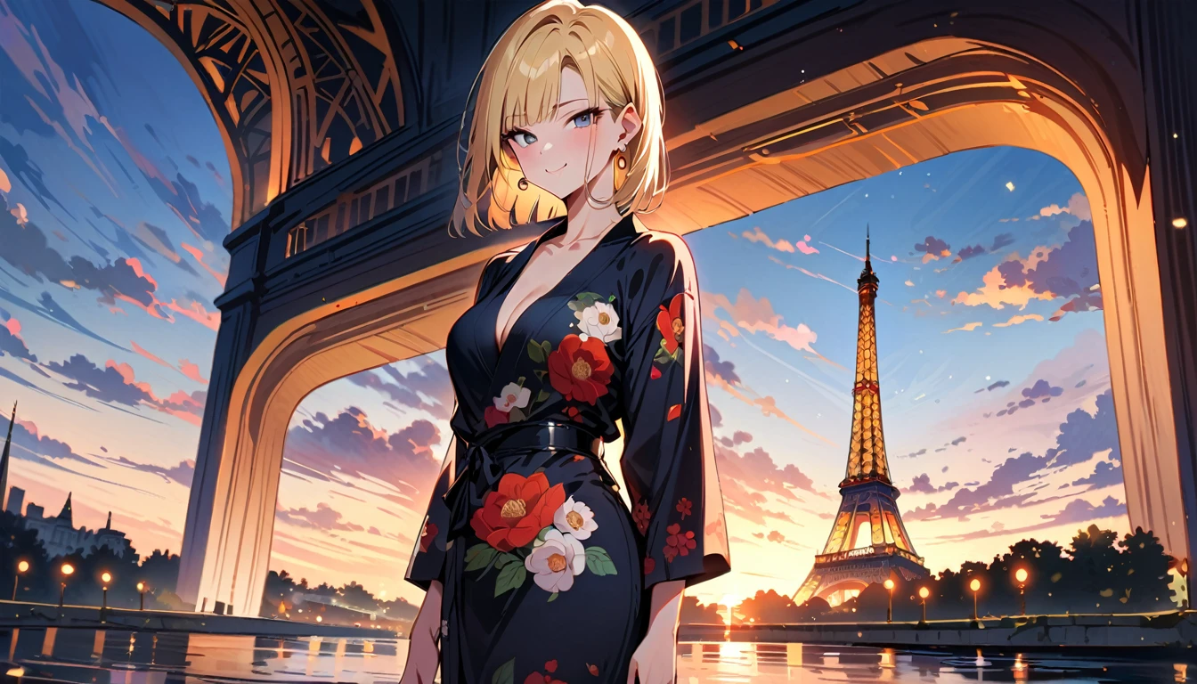(masterpiece, best quality:1.2),1girl, (solo), Android 18 from Dragon Ball, ((floral print black Yukata)), medium breasts, blunt bangs, blonde short hair, black eyes, earrings on earlobes, slim, slender feminine figure, skinny body, blush, magnificent view, blur background, 8K, the Eiffel Tower, collarbone, riverside, sky, sunny, smile,