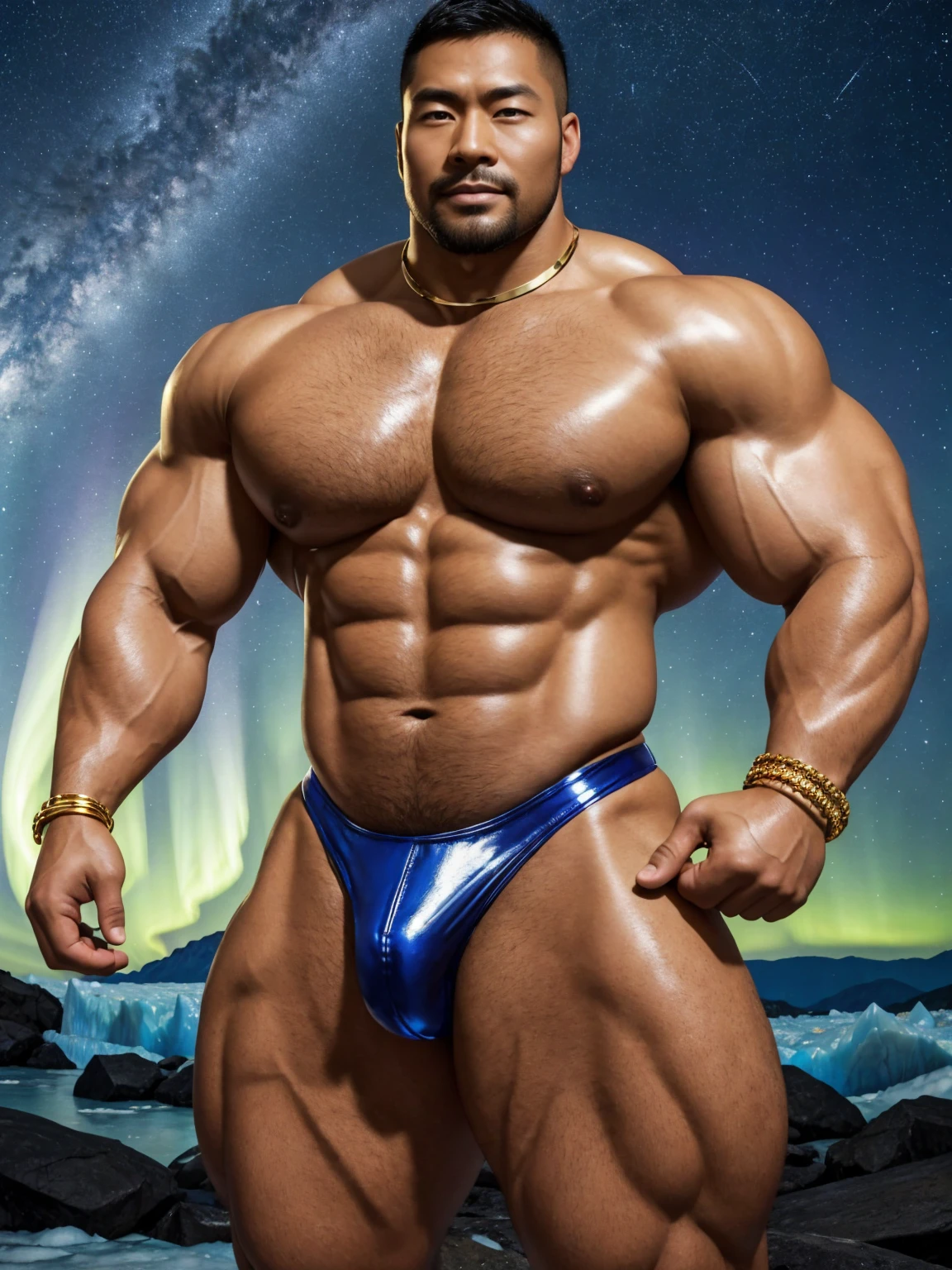 There is only one handsome Chinese man in the photo,35 years old,tall, Fitness,Smooth body,Smooth skin,No chest hair,short hair, O-Shaped Beard,Perfect body, Dark skin color,Radiant Skin,Smooth skin,Shiny, shiny skin,Smooth pectoral muscles,Muscle bulge, muscular, Very large pectoral muscles,Very y abdominal muscles,Very well-developed leg muscles,Huge concave and convex area,Brightens oily skin,Wearing a shiny gold leather thong,Handsome face,Normal human toes,Correct and accurate male body proportions,Gold Collar,Gold bracelet,Gold anklets,Stand on a glacier,Night sky,A sky full of stars,There are auroras,Colorful,Charming dream scene,Epic。