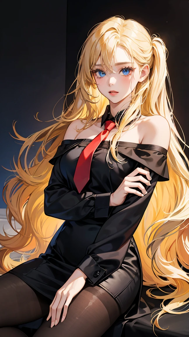 1girl, 30 years old, black dress, off-the-shoulder, blonde hair, long hair, blonde, blue eyes, black pantyhose, sexy, seductive, red tie