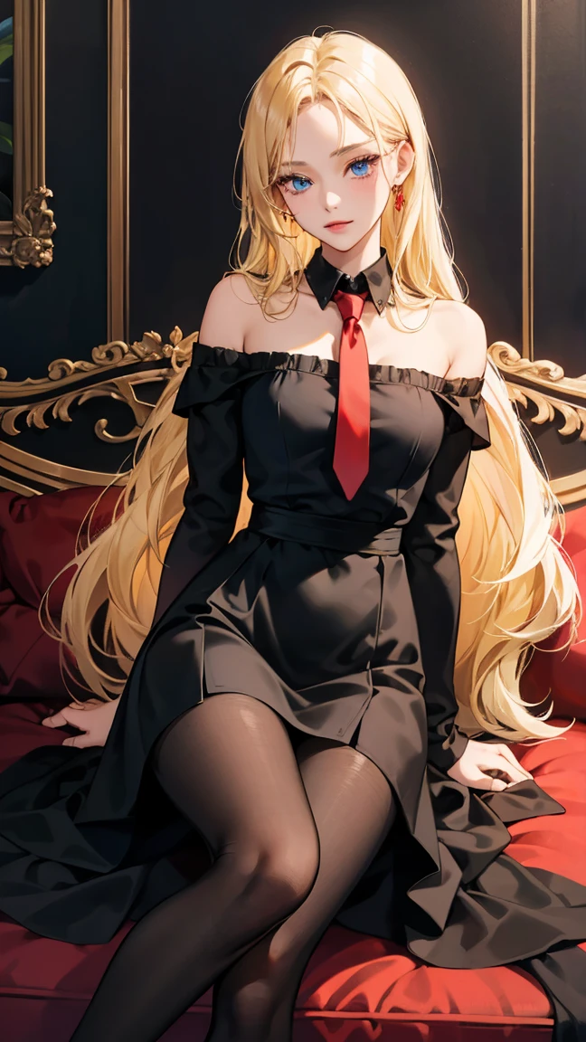 1girl, 30 years old, black dress, off-the-shoulder, blonde hair, long hair, blonde, blue eyes, black pantyhose, sexy, seductive, red tie