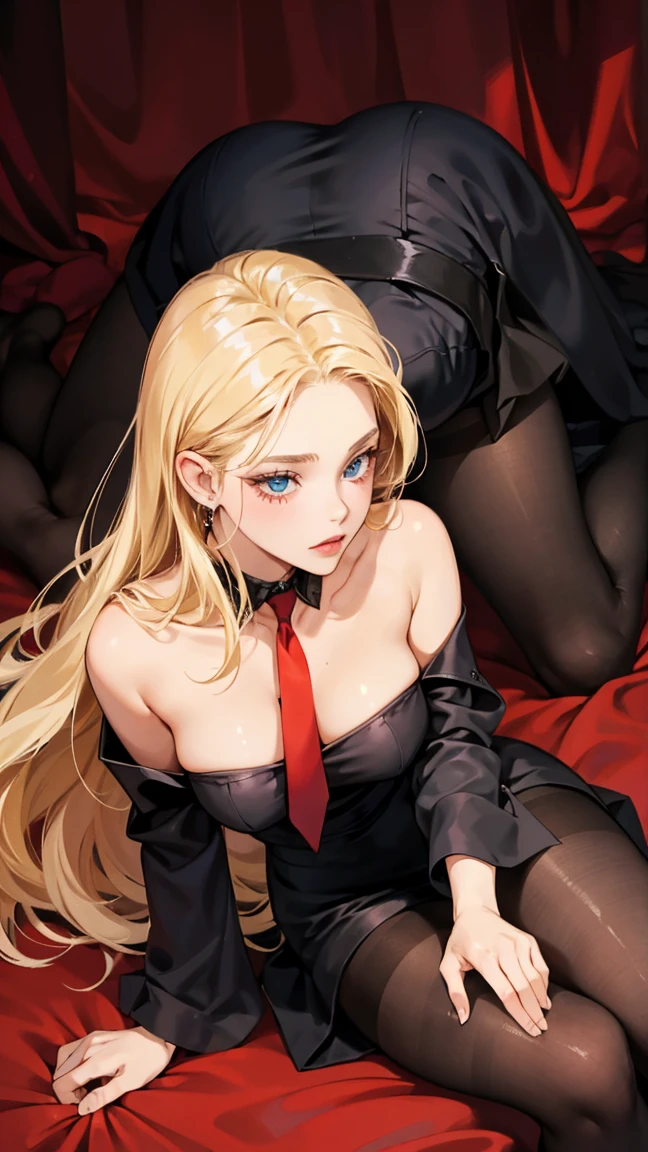 1girl, 30 years old, black dress, off-the-shoulder, blonde hair, long hair, blonde, blue eyes, black pantyhose, sexy, seductive, red tie