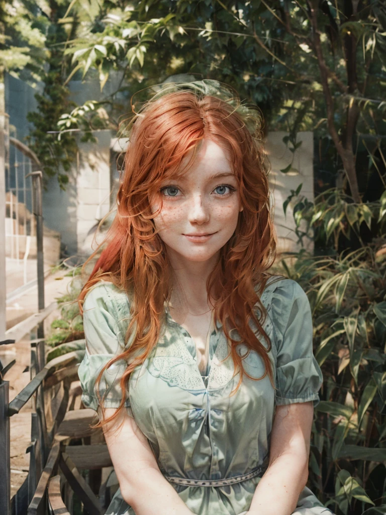 A happy, close shot, upper body beautiful portrait photo of the most beautiful redhead girl, natural beauty, no makeup with pale skin, long rich ginger hair, blue eyes, hollow cheeks, freckles on face and body, aesthetic feminine green dress (Ultra details, High Quality)