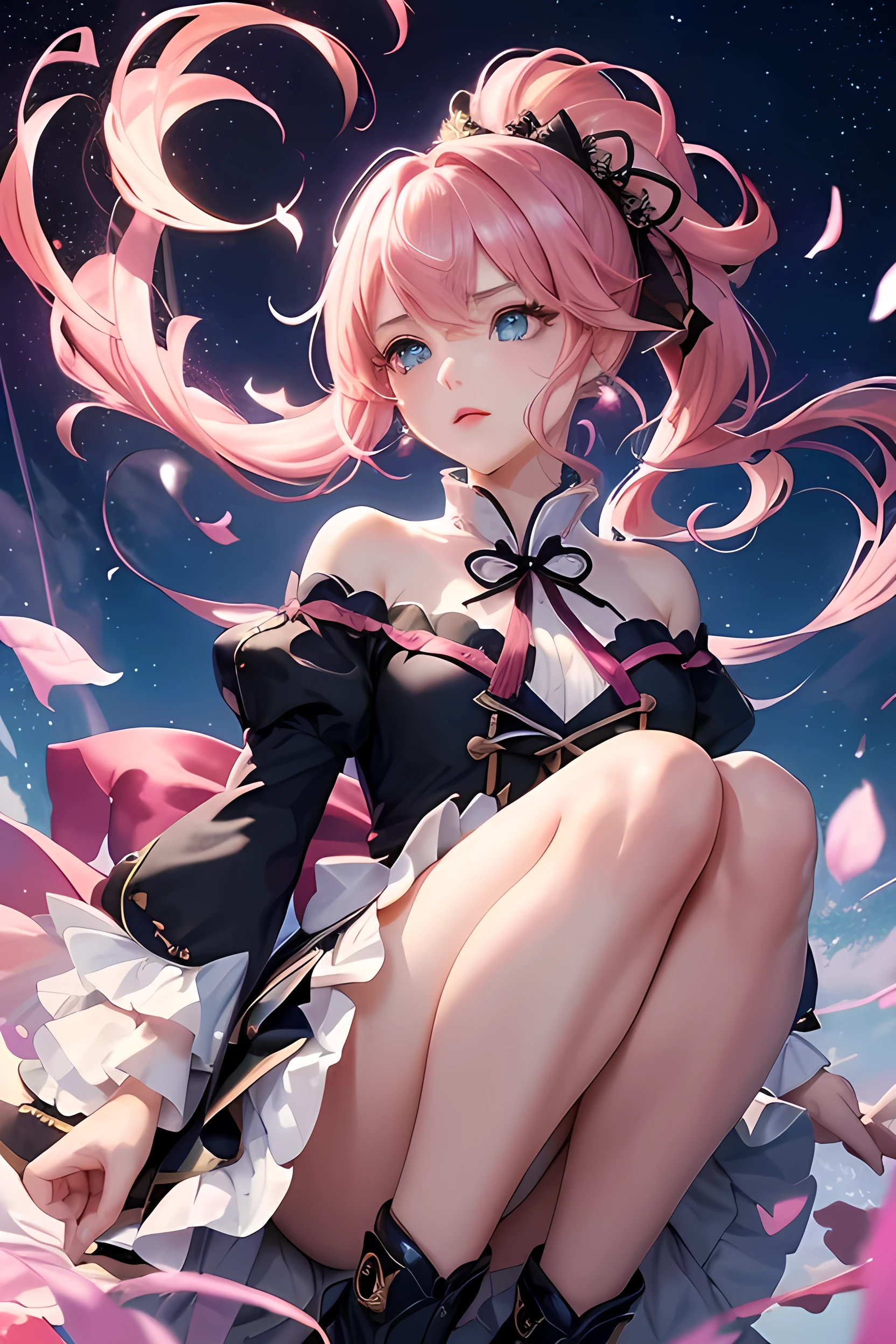 (Highest quality、Highest quality、Masterpiece、Very delicate、Very detailed、Exquisite、16K、Full HD)、1 female、(lynette,genshinimpact、Lynette、Genshin Impact)、(Black mini skirt flare dress、Windに翻るスカート、ribbon、White frills)、Perfect body line、Glowing Skin、(Groomed eyebrows、Pink Lips、Blue Eyes、Detailed eyes)、(Pink Hair、Hair tied back、Shiny Hair)、Dynamic Pose、Dramatic lighting、(Wind、tornado、Starry Sky)