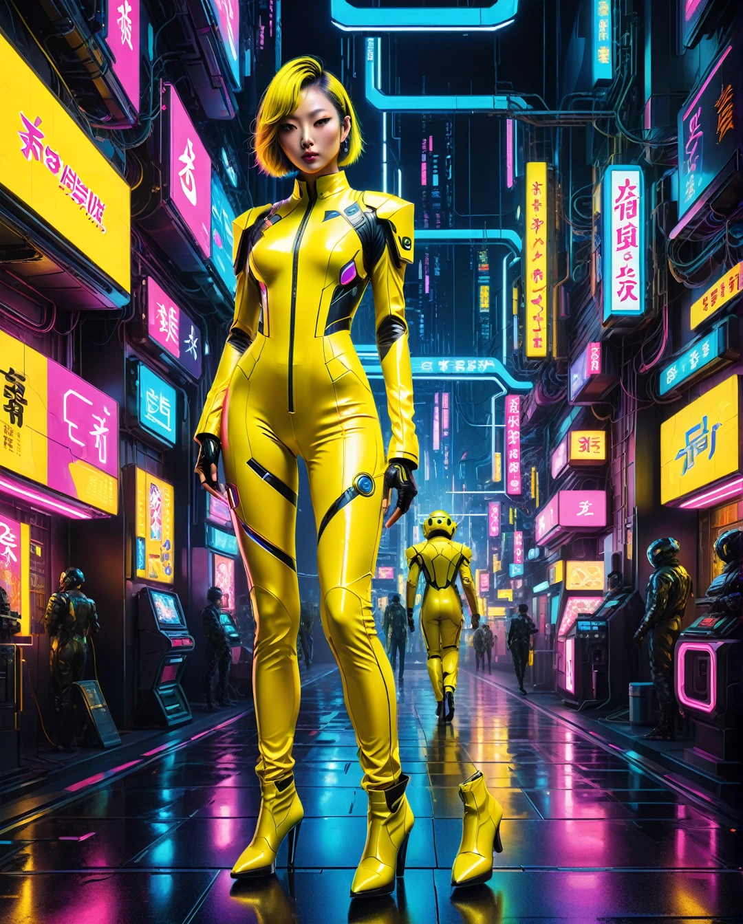 In a neon-lit cyberpunk space setting, a figure emerges clad in a sleek yellow jumpsuit, designed with a distinct art style reminiscent of Yoshiaki Kawajiri. The scene is portrayed in a vivid and elaborate digital painting, showcasing sharp edges and dynamic colors. The jumpsuit gleams with metallic sheen, accentuating the mysterious allure of the character. Every detail, from the sleek contours to the intricate patterns, contributes to the image's captivating and high-quality execution, drawing viewers into a futuristic world of intrigue and sophistication.