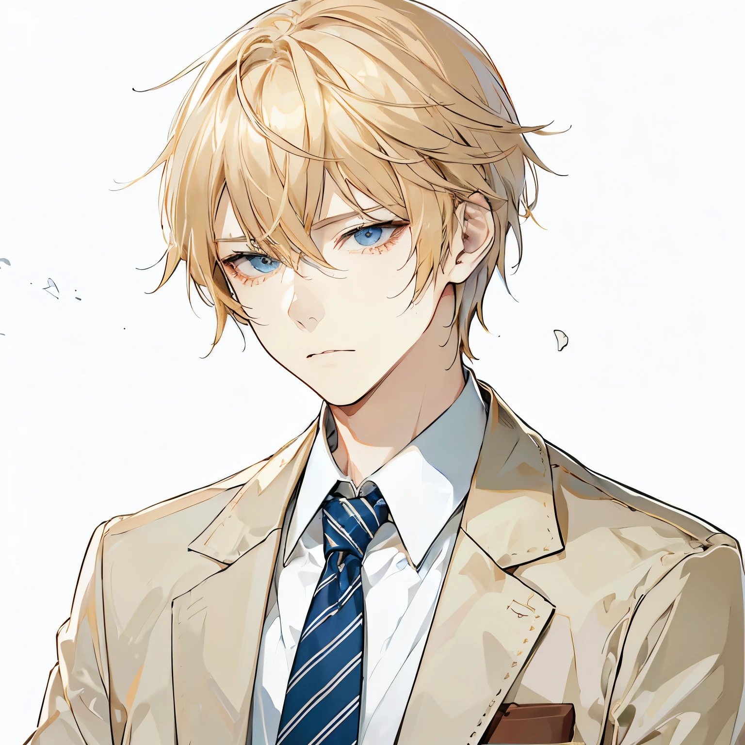 Highest quality、Highest quality、Blonde、A man with sad eyes、aldult、White high neck shirt、Bad mood