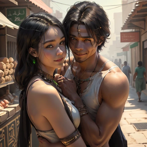 bright green eyes, ultra realistic, 16-year-old boy with brown cinnamon skin, toned athletic body straight hair,serious thoughtful male observer has a bare back and wears a white outfit typical of ancient Egypt, walking, Smiling through the streets of a modern city, a Cernaco friend approaches him from behind and hugs him.