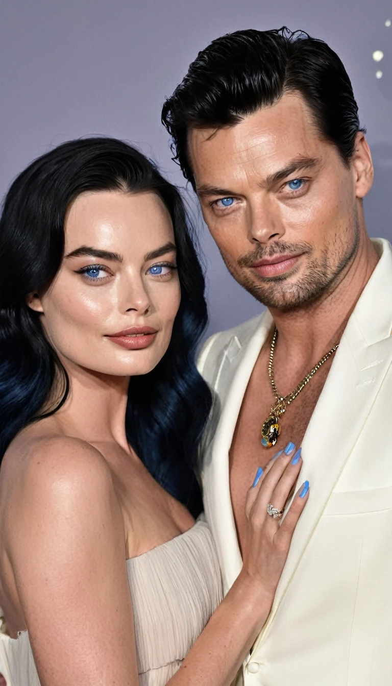 Beautiful man with black hair and blue eyes and actress Margot Robbie as a couple