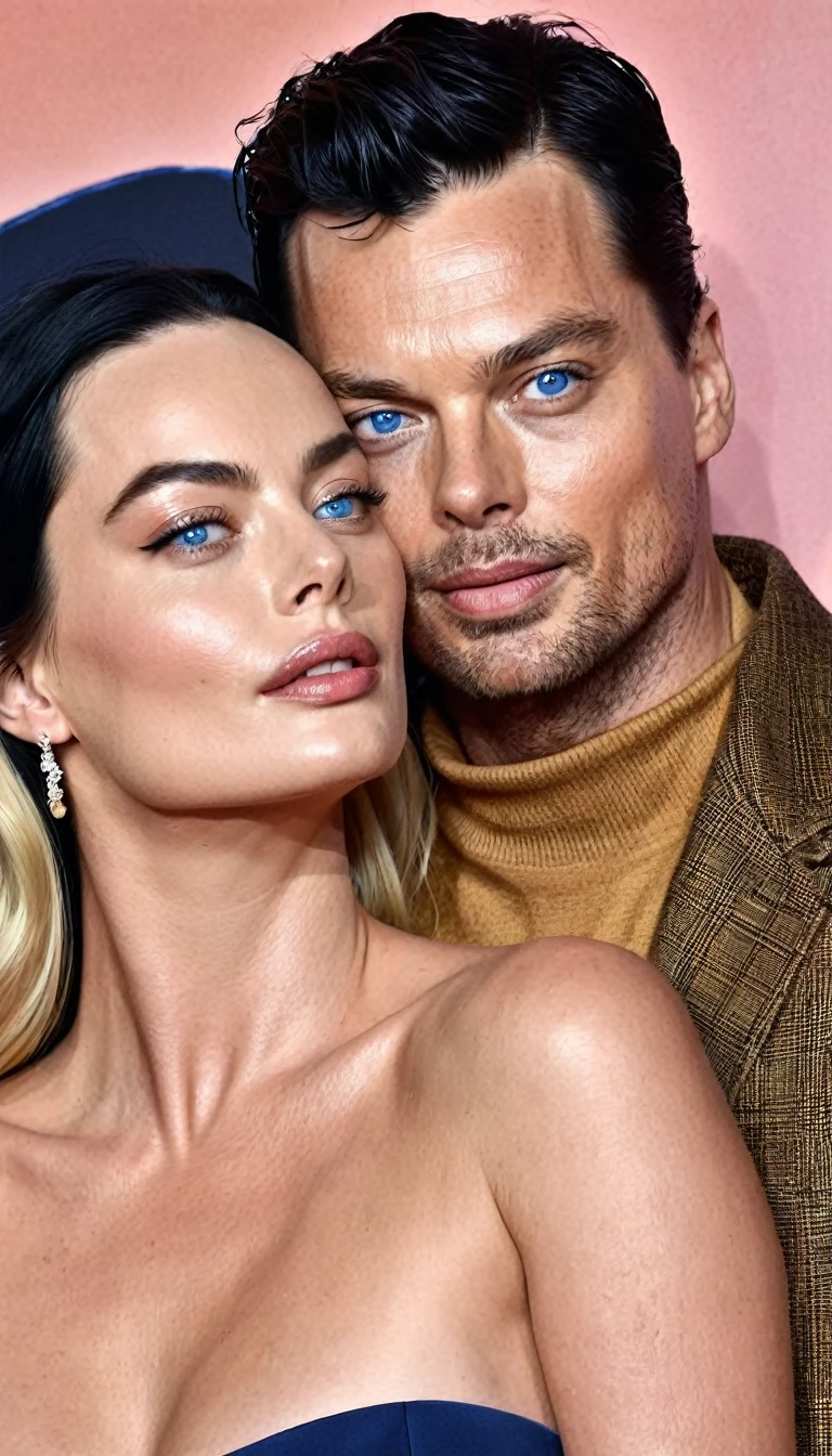 Beautiful man with black hair and blue eyes and actress Margot Robbie as a couple