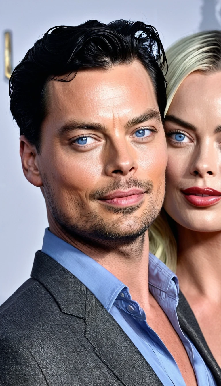 Beautiful man with black hair and blue eyes and actress Margot Robbie as a couple 