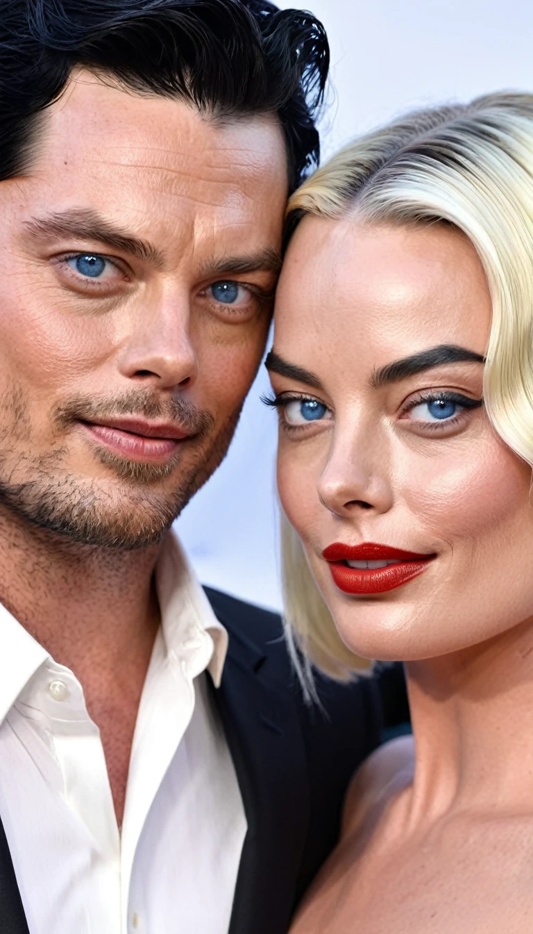 Beautiful man with black hair and blue eyes and actress Margot Robbie as a couple 