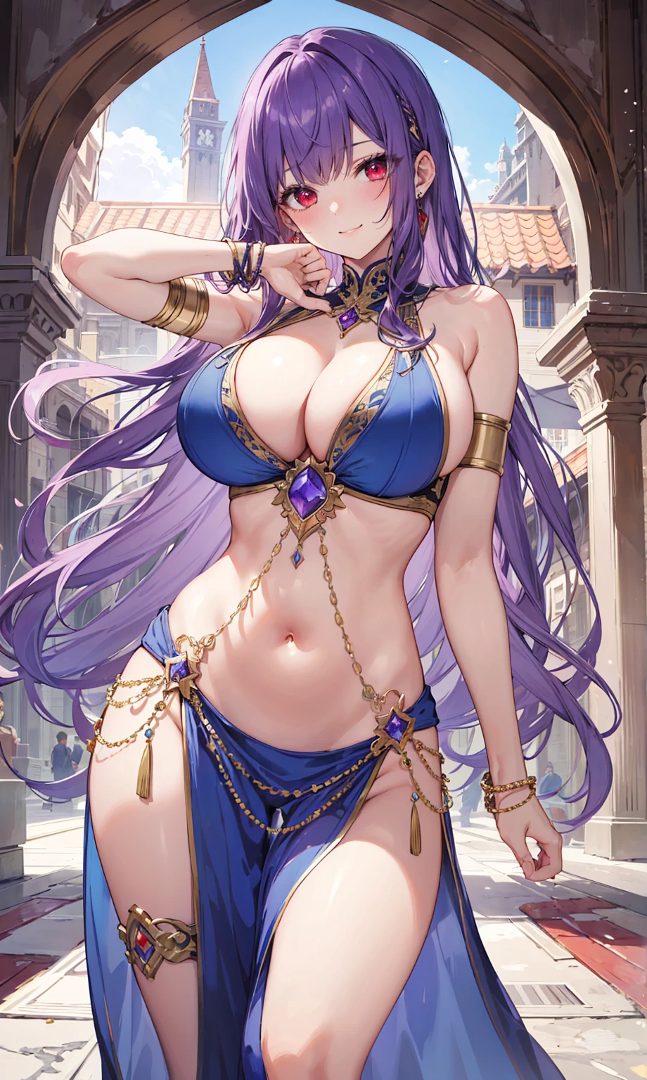 high quality, ultra detailed, best quality, insanely detailed, beautiful, masterpiece, 1girl, medieval plaza, cowboy shot, red eyes, long hair, purple hair, belly dancer, circlet, earrings, armlets, bracelets, bashful smile, large breasts, cleavage, soft stomach