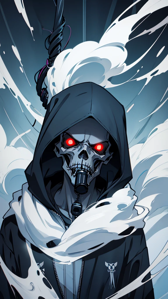grim reaper mascot logo holding vape pod, adding smoke around his mouth, text "DARK WIRE"
