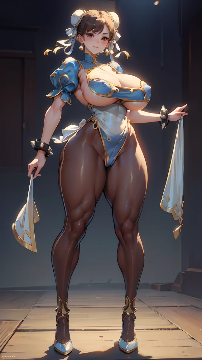 (masterpiece), (highest quality), 8K resolution, Super detailed, very detailed, realistic, photograph, photorealism, (1 girl), Chunli, Chunli costume, perfect body, smile, photographのためにポーズをとる, huge breasts, logic, thick thighs, thick legs, wide hips, hourglass illustration, super wide hips, hip bone, very thin waist (full body)(topless:1.3), full body shot, Strong lower body, strong legs, strong calves, mature woman, mother, mature woman,