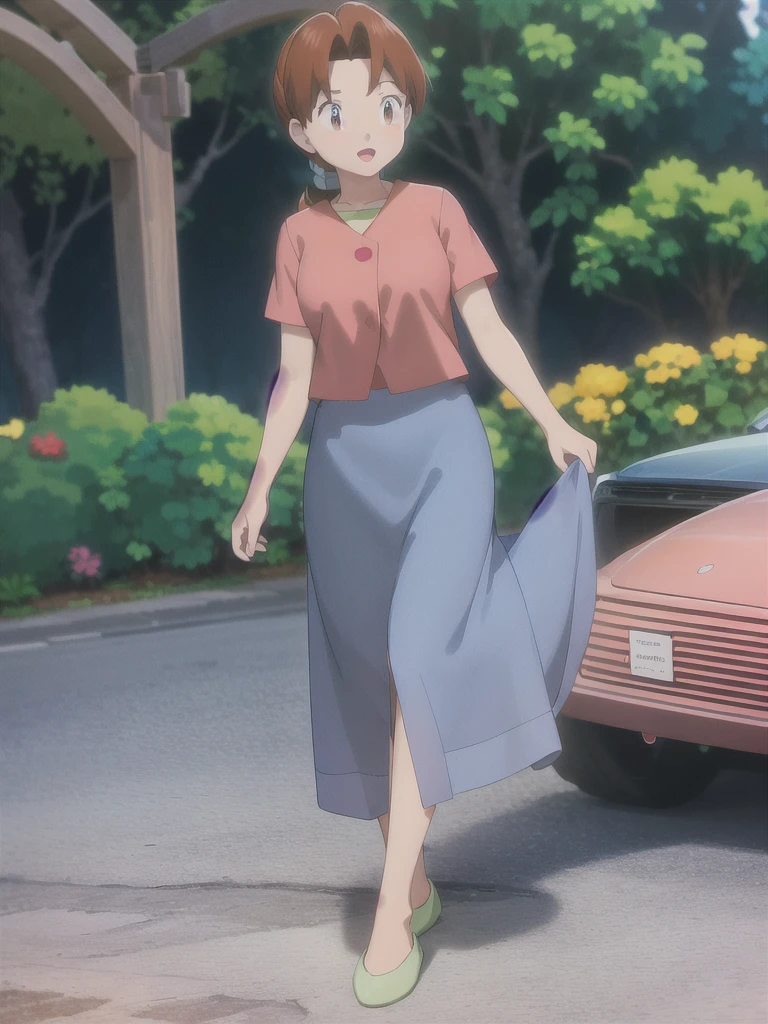 Delia_Ketchum 1girl, full body, looking at viewer, :d, open mouth, (extremely detailed CG unity 8k wallpaper), (masterpiece), (best quality), (ultra-detailed), (best illustration), (best shadow), (absurdres), finely detail, skirt, shirt, blue skirt, long skirt, pink shirt, slippers,