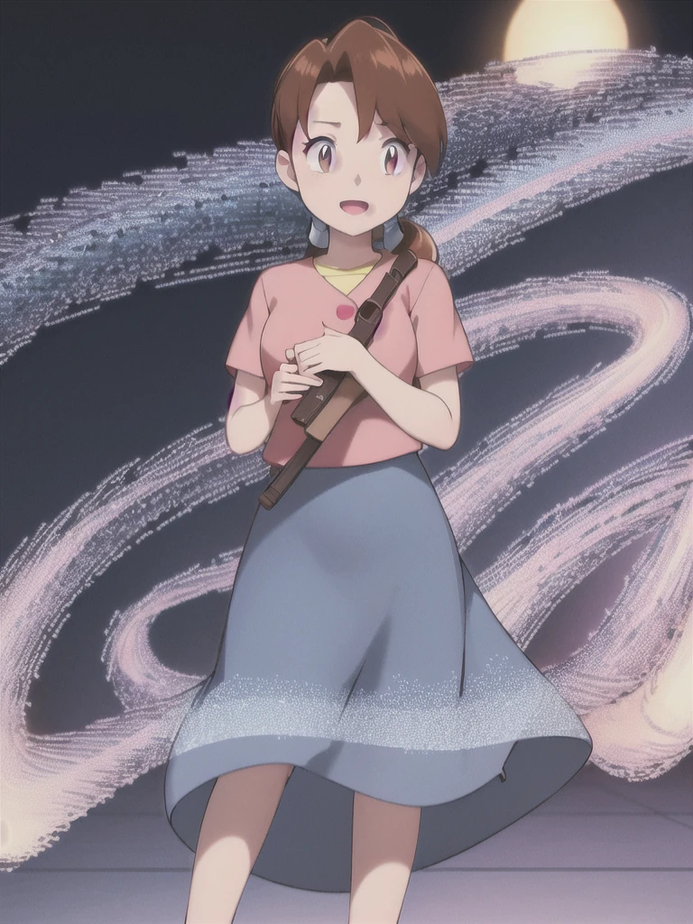 Delia_Ketchum 1girl, full body, looking at viewer, :d, open mouth, (extremely detailed CG unity 8k wallpaper), (masterpiece), (best quality), (ultra-detailed), (best illustration), (best shadow), (absurdres), finely detail, skirt, shirt, blue skirt, long skirt, pink shirt, slippers,