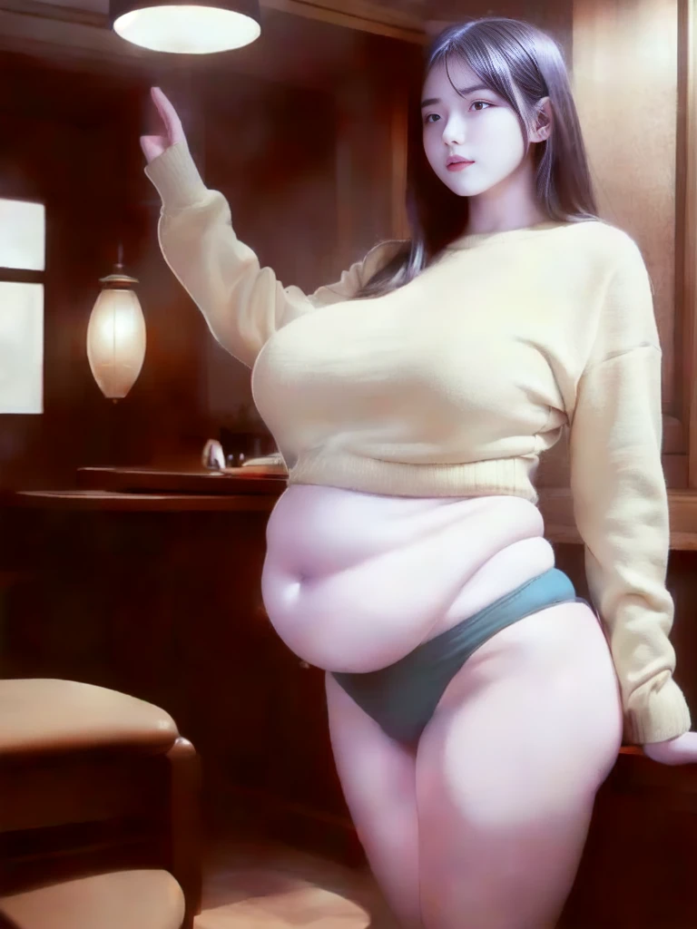 il y a une femme en chemise blanche et culotte noire qui pose, she has a round and big belly, thick, bbwchan, her belly is big and round, sultry body with sexy belly, attractive plus size model, her navel is exposed, hyperrealistic complete figure, corps thick, large stomach, curved model