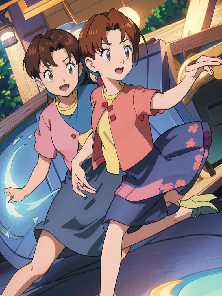 Delia_Ketchum 1girl, full body, looking at viewer, :d, open mouth, (extremely detailed CG unity 8k wallpaper), (masterpiece), (best quality), (ultra-detailed), (best illustration), (best shadow), (absurdres), finely detail, skirt, shirt, blue skirt, long skirt, pink shirt, slippers,