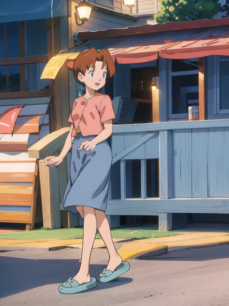 Delia_Ketchum 1girl, full body, looking at viewer, :d, open mouth, (extremely detailed CG unity 8k wallpaper), (masterpiece), (best quality), (ultra-detailed), (best illustration), (best shadow), (absurdres), finely detail, skirt, shirt, blue skirt, long skirt, pink shirt, slippers,