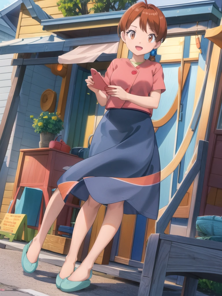 Delia_Ketchum 1girl, full body, looking at viewer, :d, open mouth, (extremely detailed CG unity 8k wallpaper), (masterpiece), (best quality), (ultra-detailed), (best illustration), (best shadow), (absurdres), finely detail, skirt, shirt, blue skirt, long skirt, pink shirt, slippers,