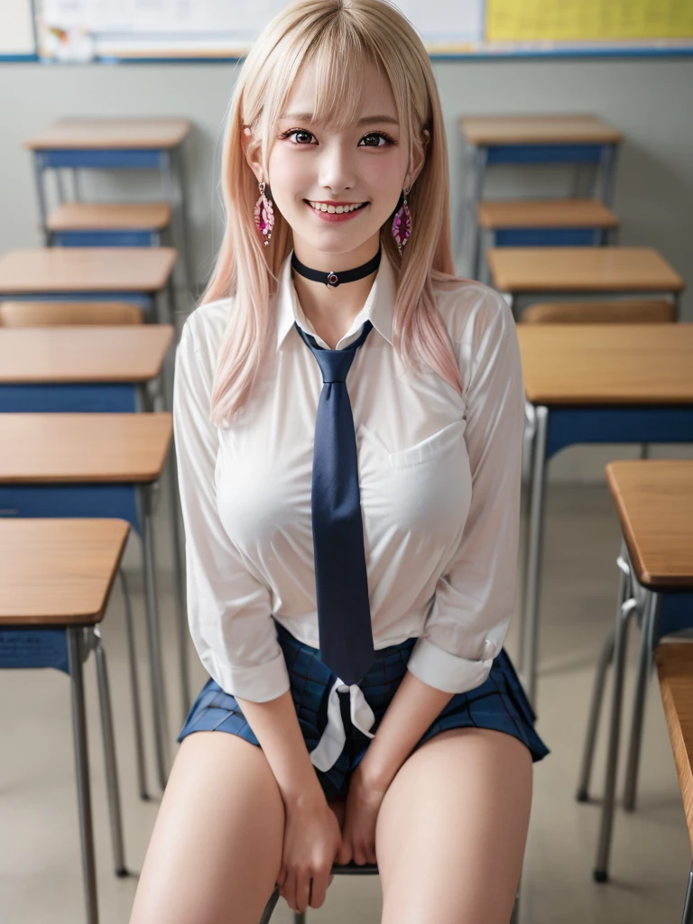Mix 4, (8k, RAW Photos, Highest quality, masterpiece: 1.45), (Realistic, photoRealistic: 1.37), kitagawa marin, (Blonde, Pink gradient hair), ((Long Hair, Sink bangs,Colorful Hair, Red eyes)),Pose like a model,((A bold pose with a bent forward stance))、(Sit with your legs wide apart:1.3)、Japanese women, ,high School student、Model body type, (Big Breasts:1.3), Narrow waist, Beautiful Face, Beautiful Eyes, , jewelry,Earrings, White shirt, Shirt with tie, Black choker, Blue tie, Checked skirt, Grin, smile, Are standing, Cowboy Shot, inside the School、classroom、hight School, 1 girl, alone, Detailed face and eyes, Upper body photo. Realistic, Realistic.Marin Gyaru,School_uniform