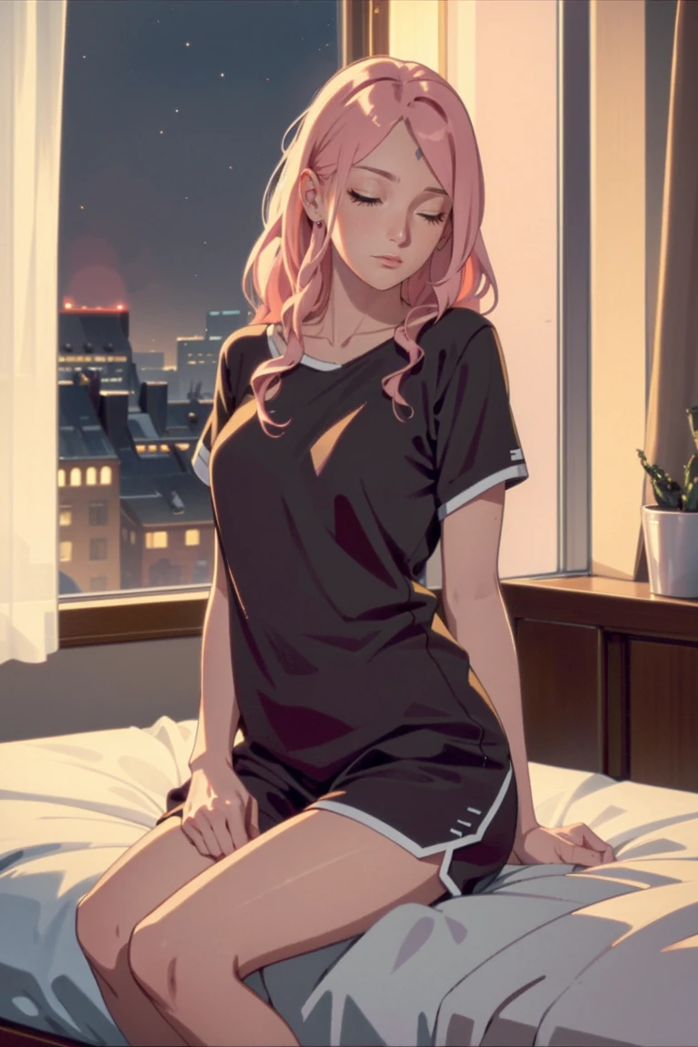 {
"prompt": "Create an image of a woman lying on a bed at night. The woman should have long, wavy hair and be dressed in comfortable sleepwear like a loose-fitting t-shirt and shorts or pajamas. The bed should have soft, cozy bedding with a mix of pillows and blankets. The room should have a calm and relaxed atmosphere with dim, warm lighting, possibly from a bedside lamp. The window in the background shows a night scene with closed curtains. The overall mood of the image should be peaceful and serene, capturing the feeling of nighttime rest.",
"size": "1024x1024",
"n": 1
}
