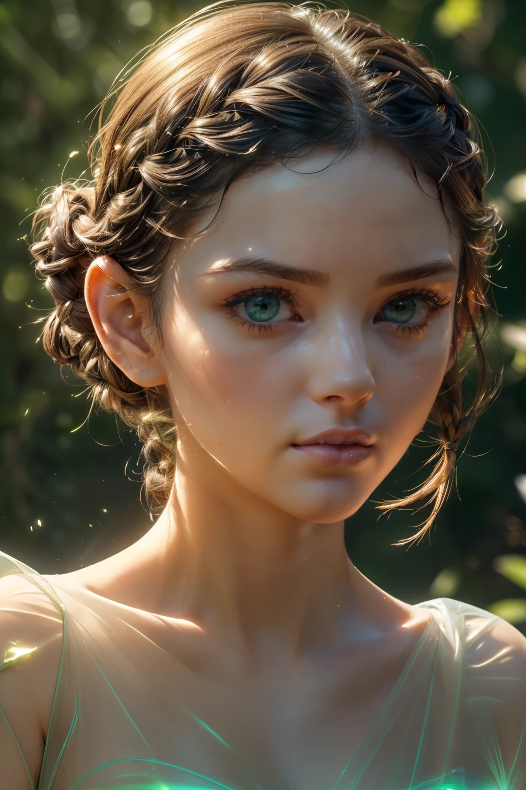 (((the green energy human body, front facing, full body, 1girl, 18 year old, caucasian, green eyes, perfect eyes, perfect iris, perfect pupils, perfect lips,perfect nose, perfect hands, very detailed hands, perfect fingers, black hair, short hair, straight hair, small braid in her hair, nature, subsurface scattering, transparent, translucent skin, glow, bloom,3d style, warm color, vibrant, volumetric light, stons all around, stons in the air, stons fly in the air, stons are suspended in the air)))