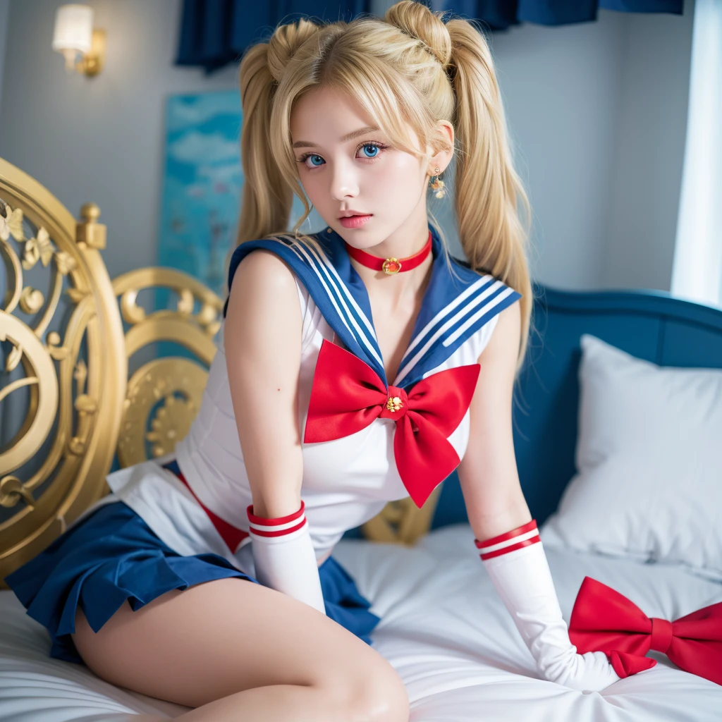 masterpiece, best quality, sailor moon,1girl, long hair,jewelry, sailor senshi uniform, blue sailor collar,blonde hair, red choker,white gloves, twintails, red bow, blue skirt, blue eyes, hair bun,bedroom