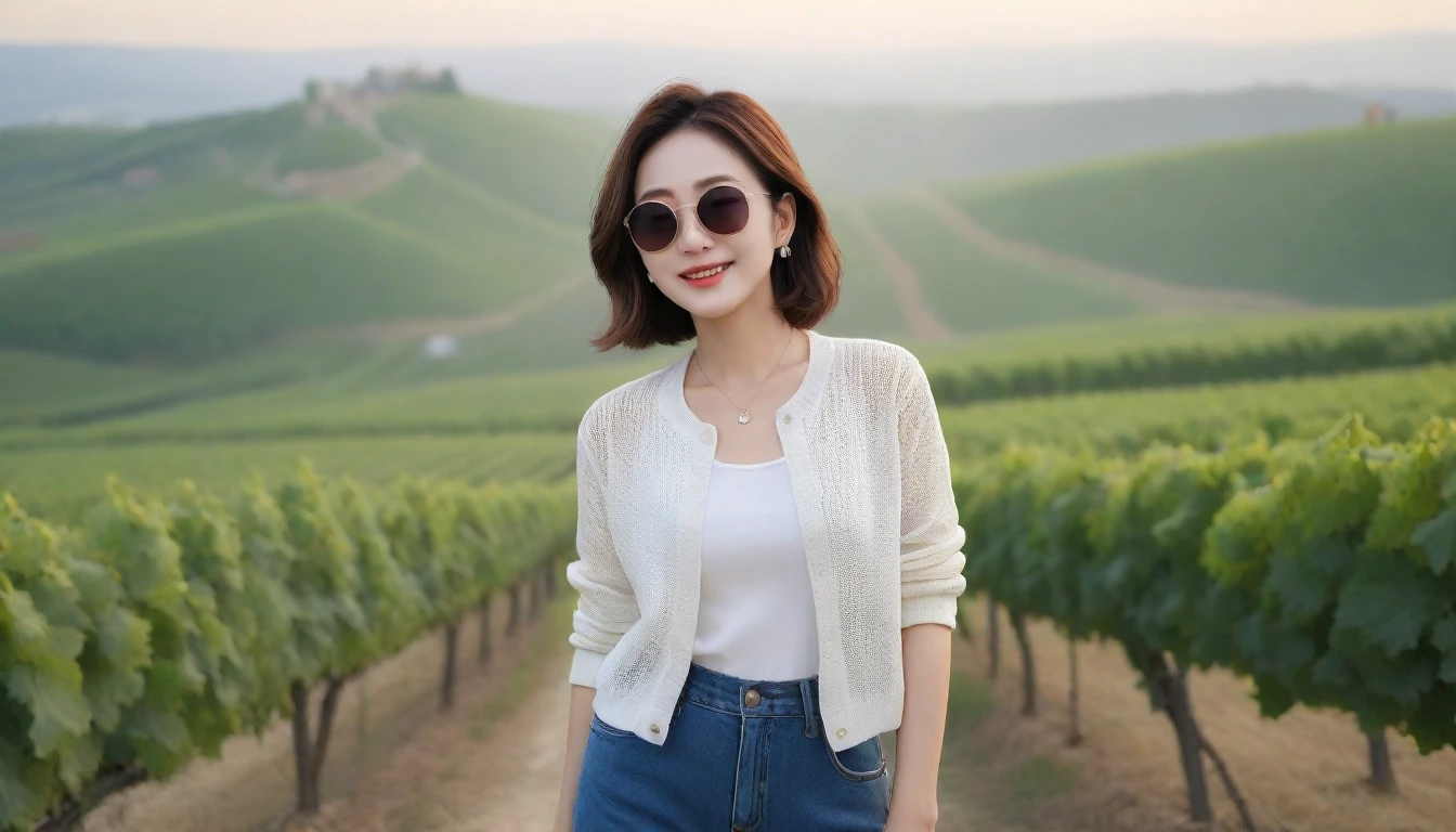 Post Creativity Upscale Transformation Upscale Download Generation Data Prompt Txt2Img 8k Realistic, lifelike photo,, 36 year old Korean woman, Short in stature, pretty like a model. front view, White shirt and short cardigan, casual pants, short medium hair, Smiley, Italy. vineyard, thick dawn fog. vineyard 지나 짙은 안개 속으로 저 멀리 성당이 보인다. Full body shot from afar with a wide angle lens , 1 woman, Short in stature, looking at the camera, Excellent picture quality, The morning fog is thick, The picture quality is alive. Full body shot with Canon 16-35 wide angle lens, Put on sunglasses and look to the side