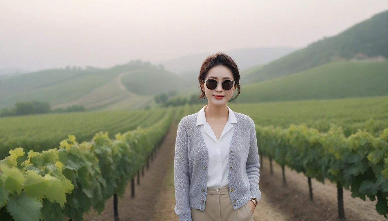 Post Creativity Upscale Transformation Upscale Download Generation Data Prompt Txt2Img 8k Realistic, lifelike photo,, 36 year old Korean woman, Short in stature, pretty like a model. front view, White shirt and short cardigan, casual pants, short medium hair, Smiley, Italy. vineyard, thick dawn fog. vineyard 지나 짙은 안개 속으로 저 멀리 성당이 보인다. Full body shot from afar with a wide angle lens , 1 woman, Short in stature, looking at the camera, Excellent picture quality, The morning fog is thick, The picture quality is alive. Full body shot with Canon 16-35 wide angle lens, Put on sunglasses and look to the side