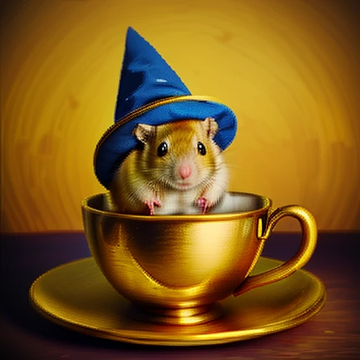 A photorealistic picture of a small cute golden hamster sitting in a tea cup on top of a wizard's grimiore, cute 3 d render, cute! adorable digital painting, golden hamster wearing a cute wizard's hat