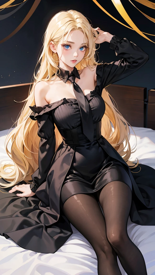 1girl, 30 years old, black dress, off-the-shoulder, blonde hair, long hair, blonde, blue eyes, black pantyhose, sexy, seductive, tie
