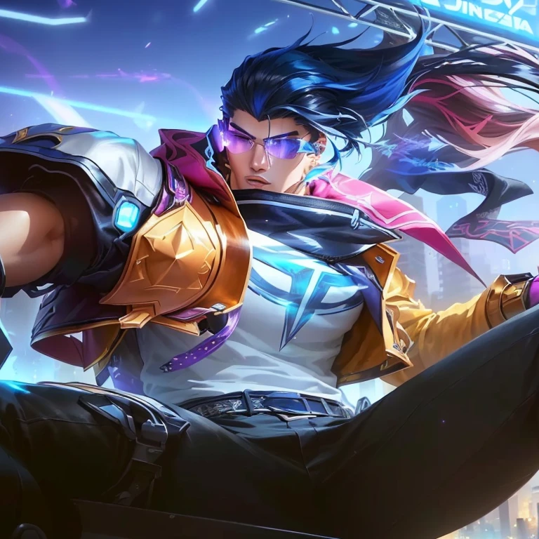 a close up of a person on a skateboard in a city, kda, arcane jayce, heise jinyao, wild rift, official splash art, sakimichan frank franzzeta, sylas, mobile legends, rossdraws 2. 0, inspired by Huang Shen, splash art, rossdraws 1. 0, mobile wallpaper