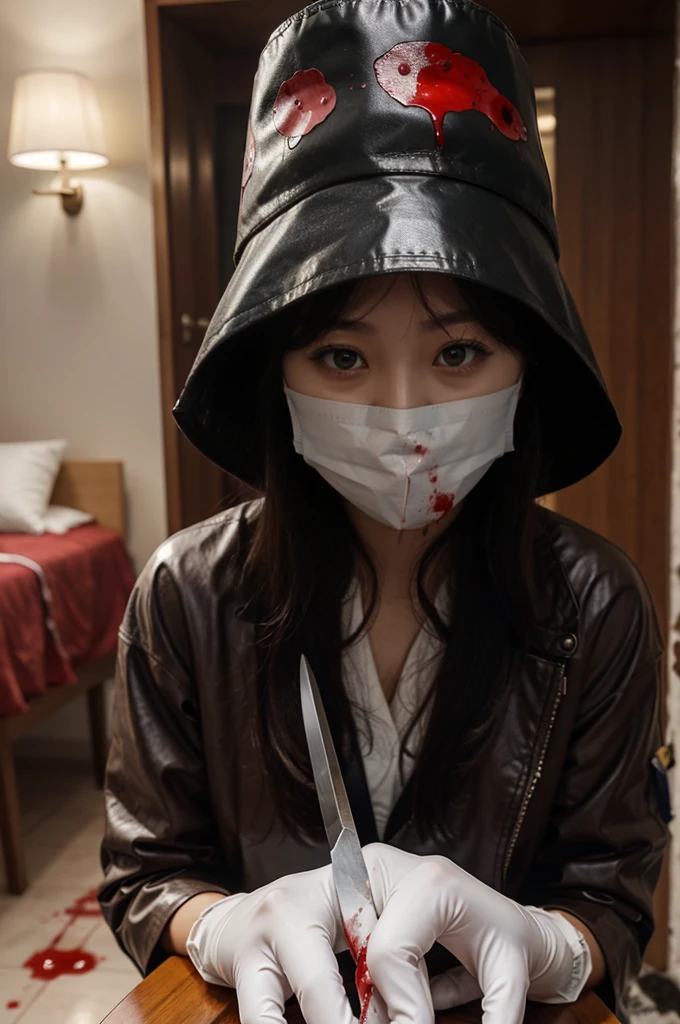 korean girl, (behind corpse, surgical mask), blood splatter, holding knife, stabbing, gloves, woman on top, room full of blood, transparent raincoat, leather bucket hat, holding knife, gloves, behind corpse, very long hair, night, mass murderer, robbery, in the hotel,