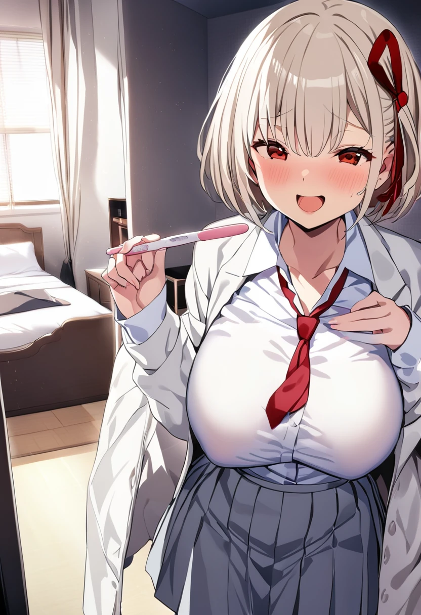 masterpiece, Highest quality, One Girl, game cg  nishikigi chisato, Bobcut, Hair Ribbon,、 White shirt、 Gray Pleated Skirt Red,Thin tie ribbon, Long sleeve,Large Breasts, Bedroom, Wink, Are standing,Open your mouth、Eyes half closed、Pregnancy Test