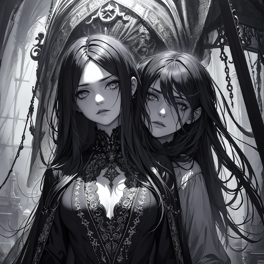 Rose ionism, dark and moody, black and white, hauntingly beautiful, intricate details of characters' facial features, magical elements, eerie atmosphere, theatrical lighting, deep shadows, intense emotions, dramatic composition, mystical and surreal.Rose