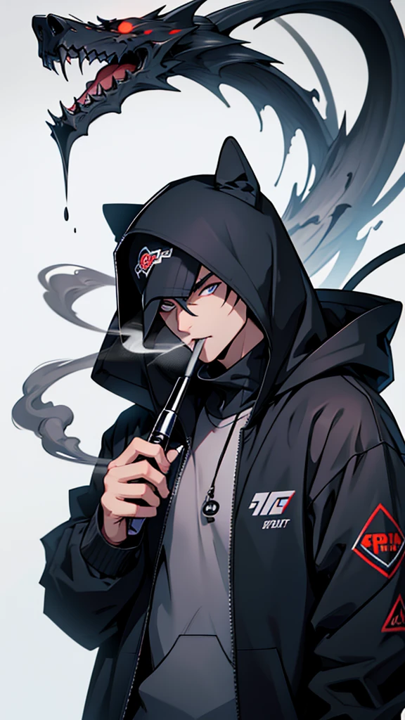 Logo bulat, grim reaper mascot logo holding vape pod, adding smoke around his mouth, text "DARK WIRE"