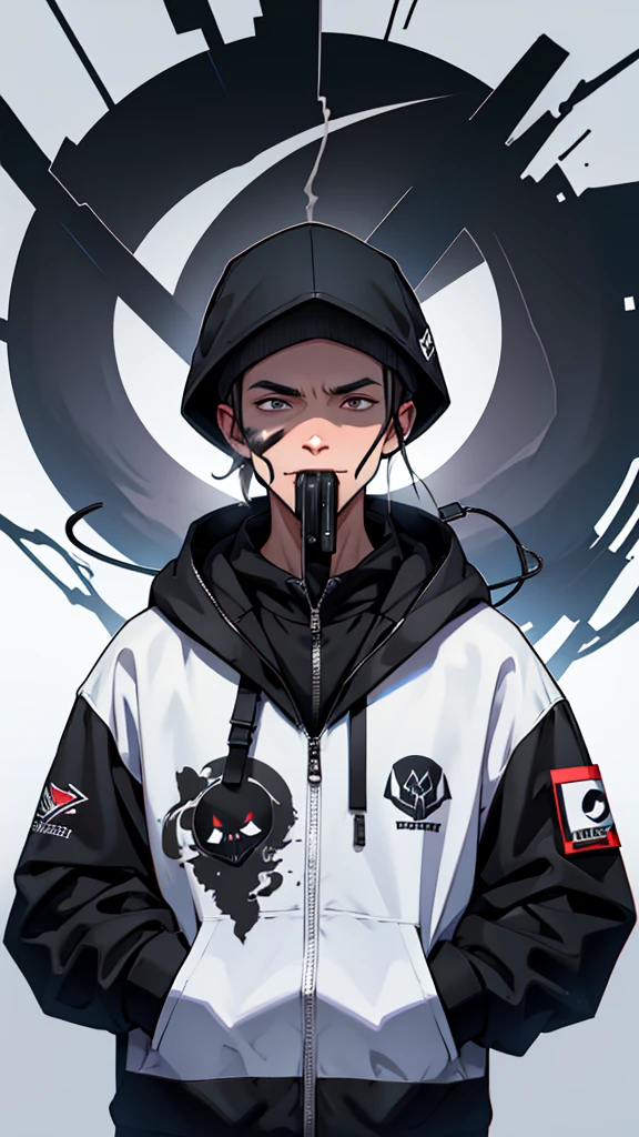 Logo bulat, grim reaper mascot logo holding vape pod, adding smoke around his mouth, text "DARK WIRE"