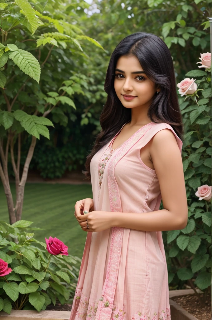Prity girl cute young sundar yallow saari rose in hand in garden
