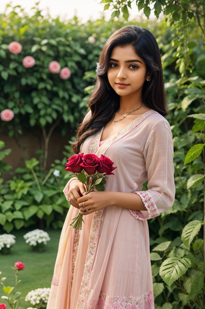 Prity girl cute young sundar yallow saari rose in hand in garden